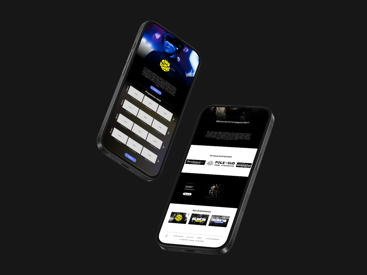 Deux téléphones présentant des visuels du site Compagnie Watt