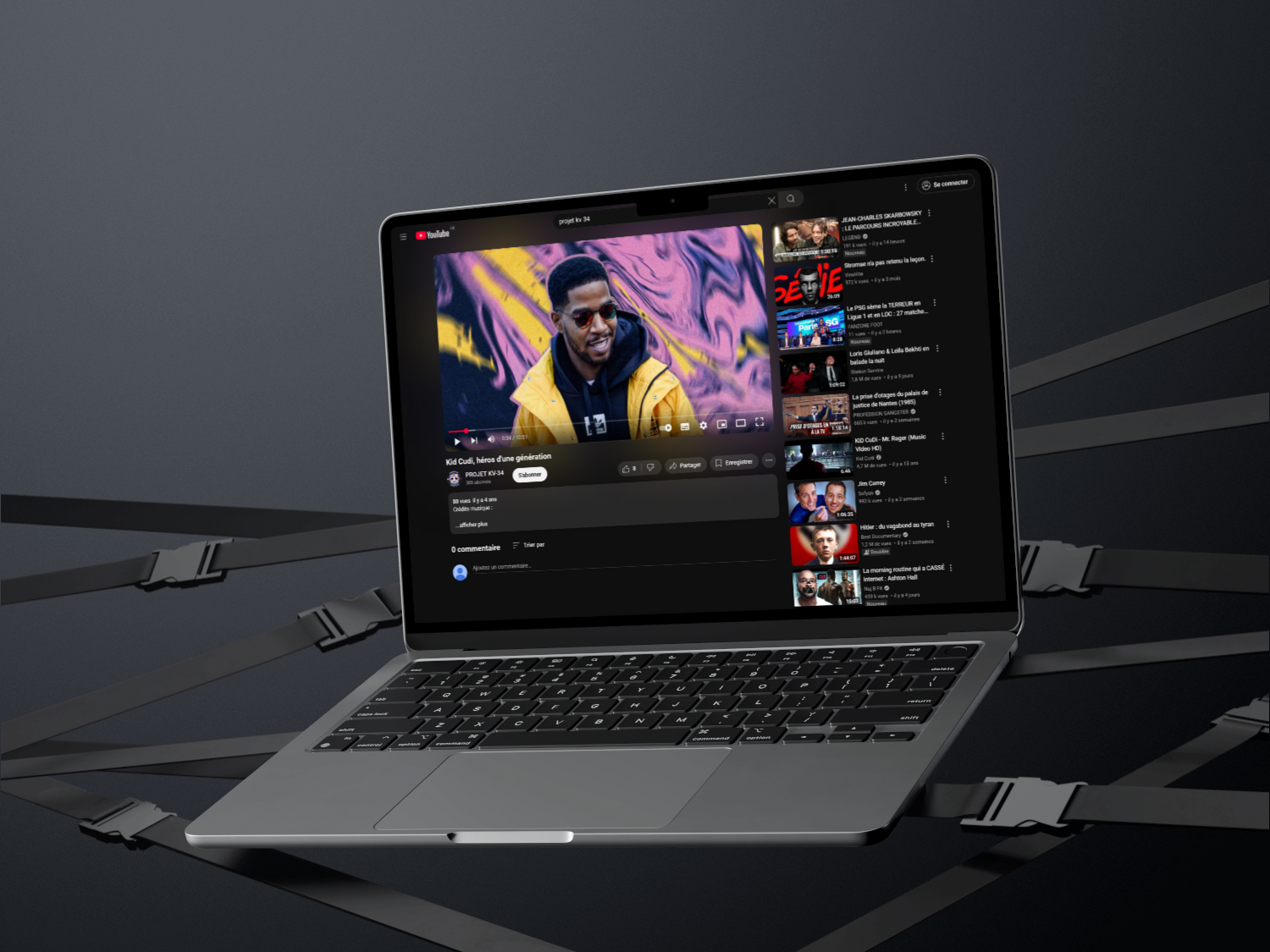 Ordinateur portable affichant une vidéo de la chaîne YouTube Projet KV-34
